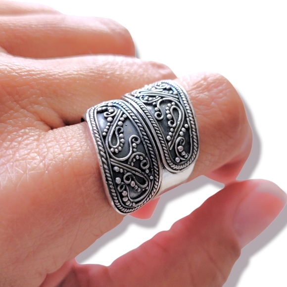 Sterling Silver 925 Bali Boho Artsy Festival Hand Crafted Spoon Ring, 7 & 9 - Picture 2 of 7